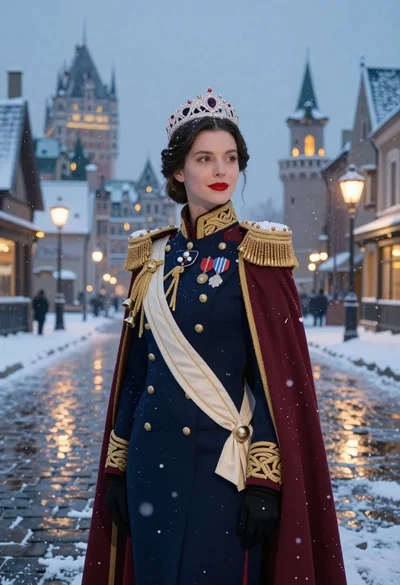 Woman in military uniform on snowy cobblestone street