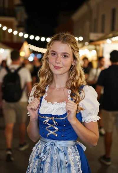 Young blonde woman in blue dirndl dress at crowded night market