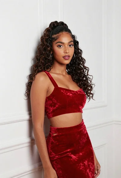Young woman in red velvet outfit against white paneled interior wall