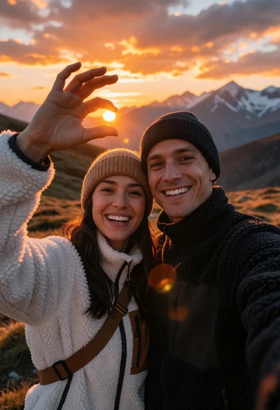 Couple taking selfie in front of dramatic mountain sunset landscape
