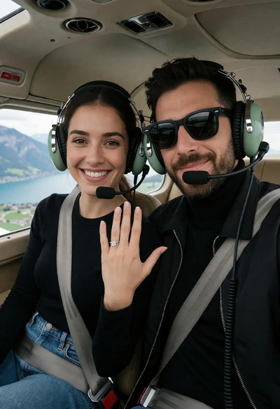 Couple in light aircraft cabin viewing blue lake and mountains
