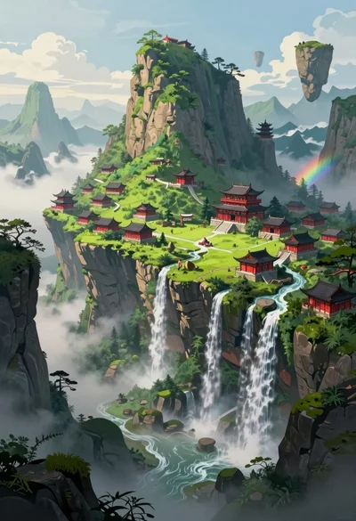 Fantasy village on lush green cliffside overlooking misty abyss digital artwork