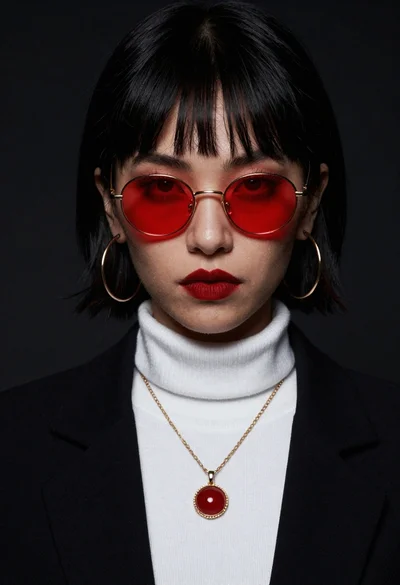 Portrait of woman with glowing eyes wearing black blazer