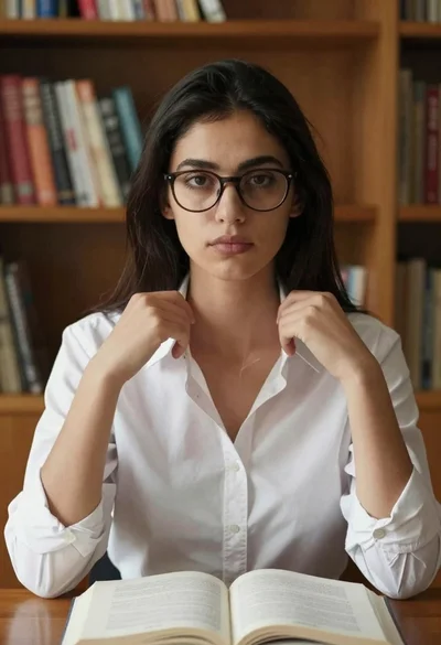 Young woman in white shirt sitting among bookshelves