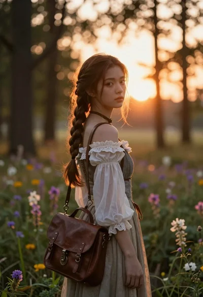 Young woman with brown hair braid standing in sunlit forest clearing at