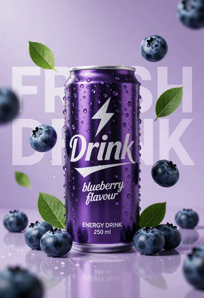 Hyperrealistic purple energy drink can surrounded by floating blueberries and green leaves