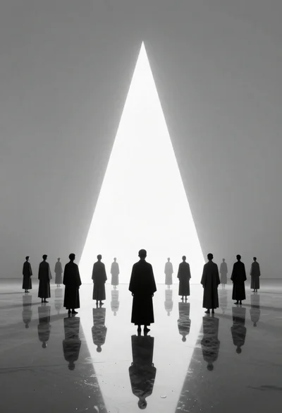 Figures standing in void facing massive light source