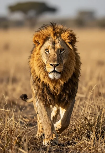 Majestic male lion charging through dry savanna grass under warm sunlight
