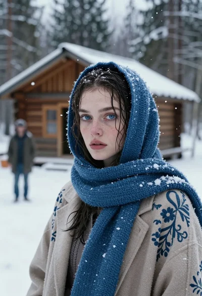 Close up portrait of young woman in blue scarf snowy forest setting