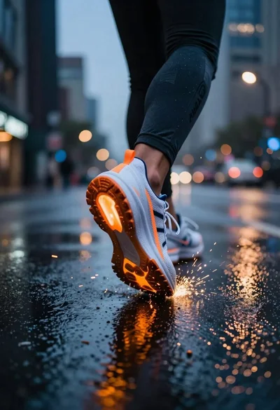 Sneaker striking wet pavement in a nighttime cityscape