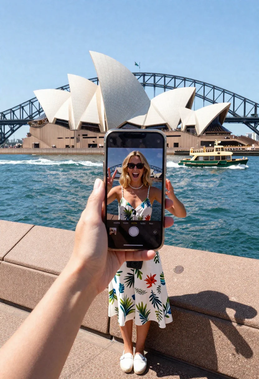 Blonde tourist taking selfie at sydney opera house and harbor bridge