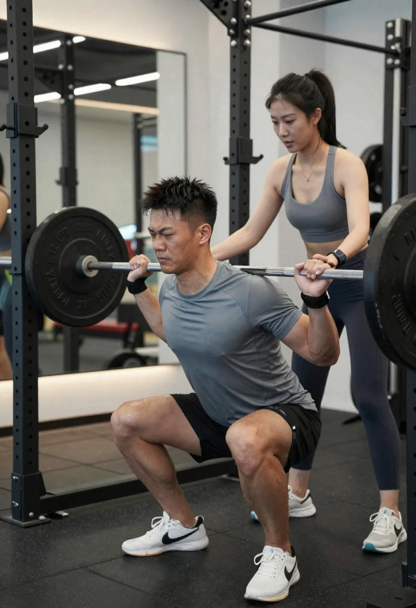 Male client squatting with trainer guidance in clean modern gym setting