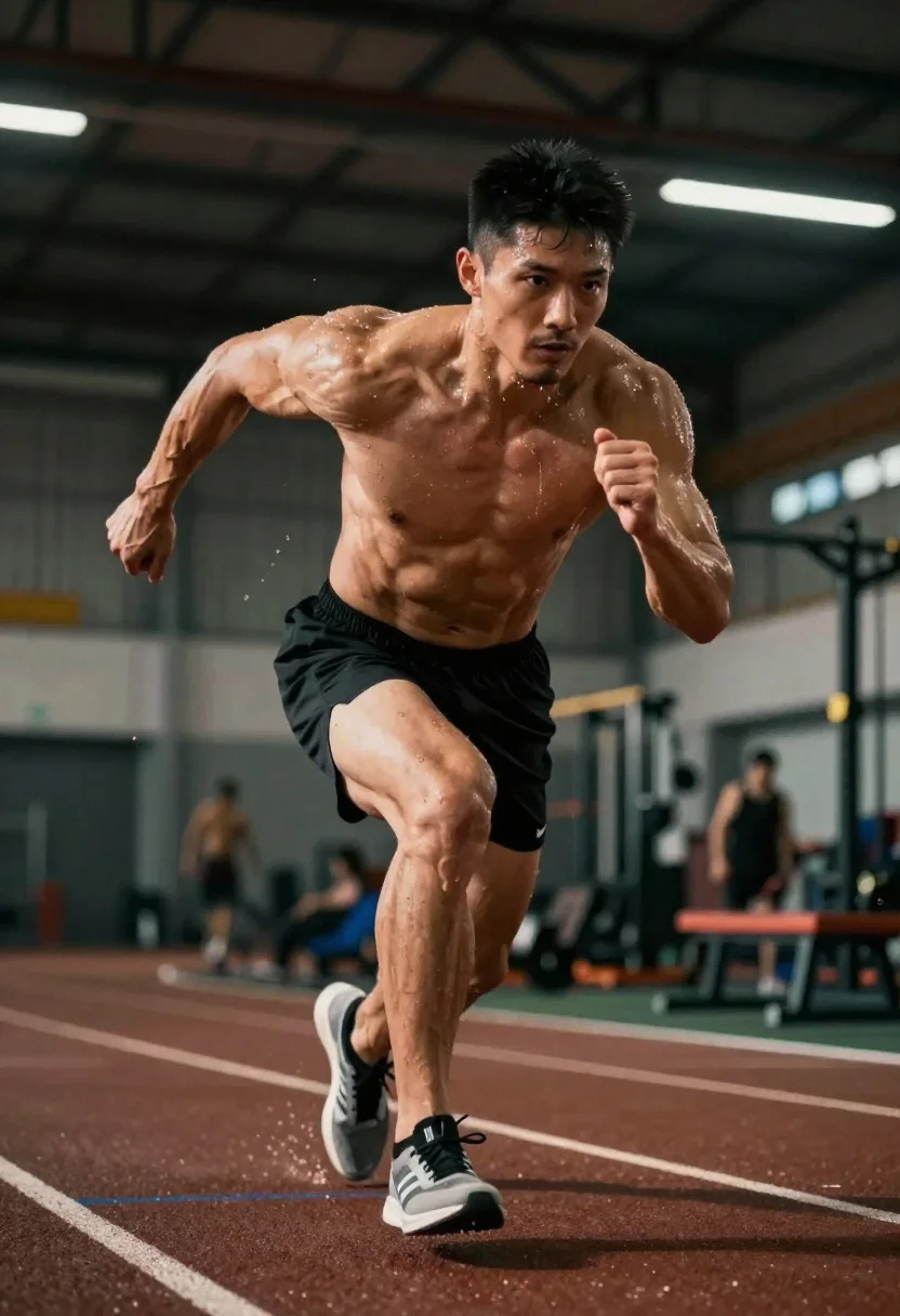 Low angle shot of an athlete showing peak athletic intensity during training