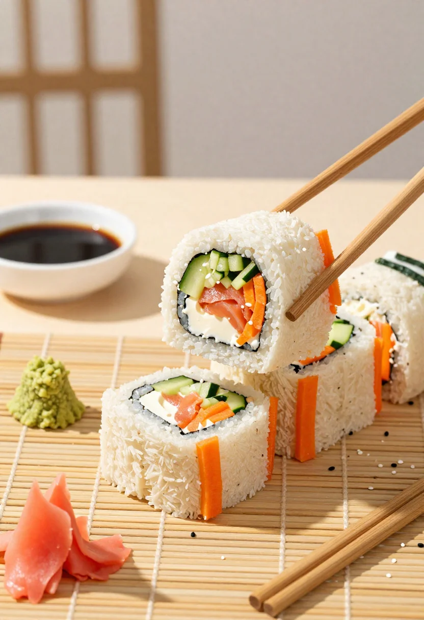 Close up overhead view of bread sushi rolls with colorful fillings
