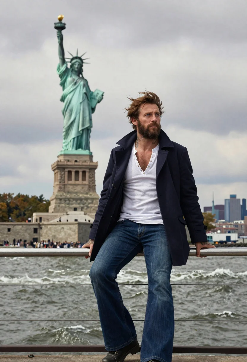 Seafaring man leaning against statue of liberty torch on island
