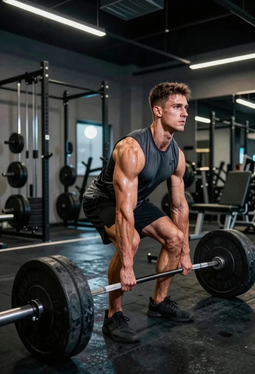 Muscular young man deadlifting heavy barbell in industrial gym setting