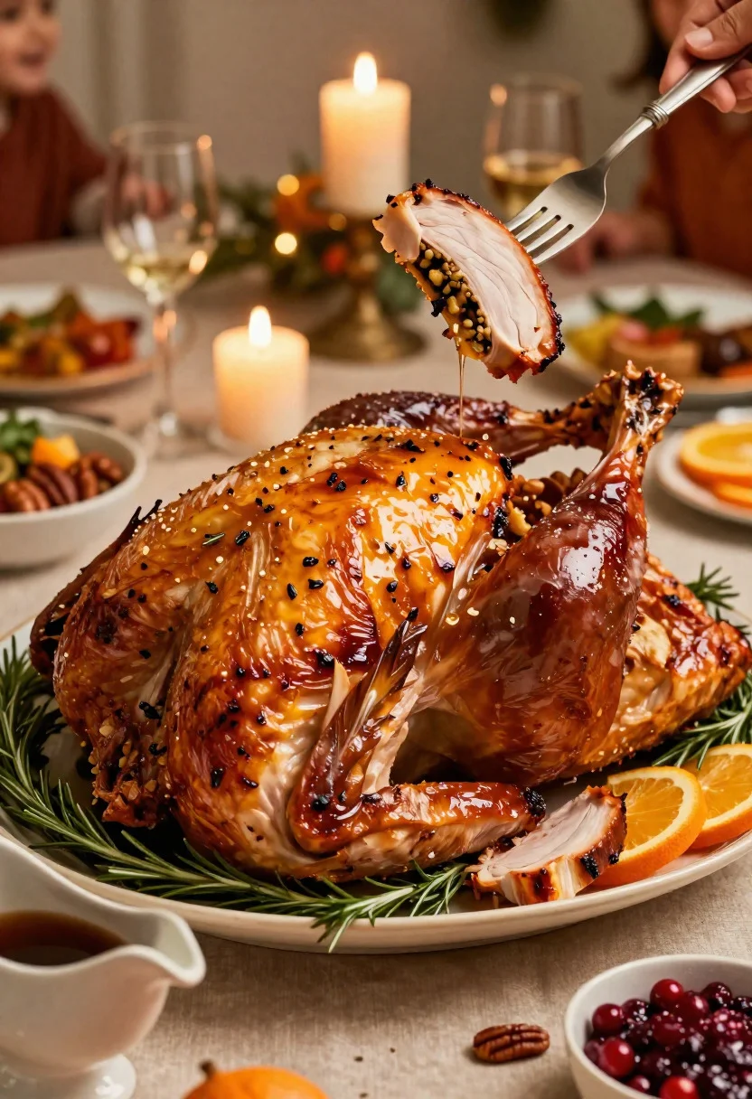 Close up of roasted turkey slice on elegant holiday dining table