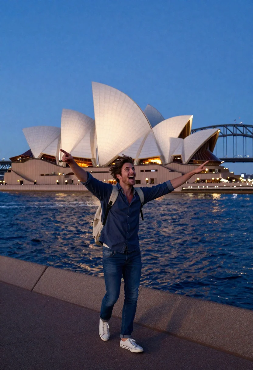 Awestruck young man pointing at sydney opera house at dusk
