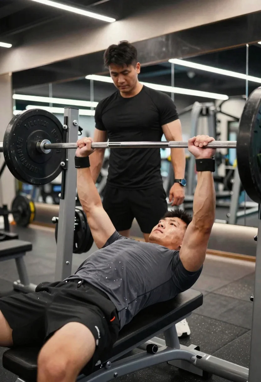 Muscular male athlete performing heavy bench press in modern gym setting