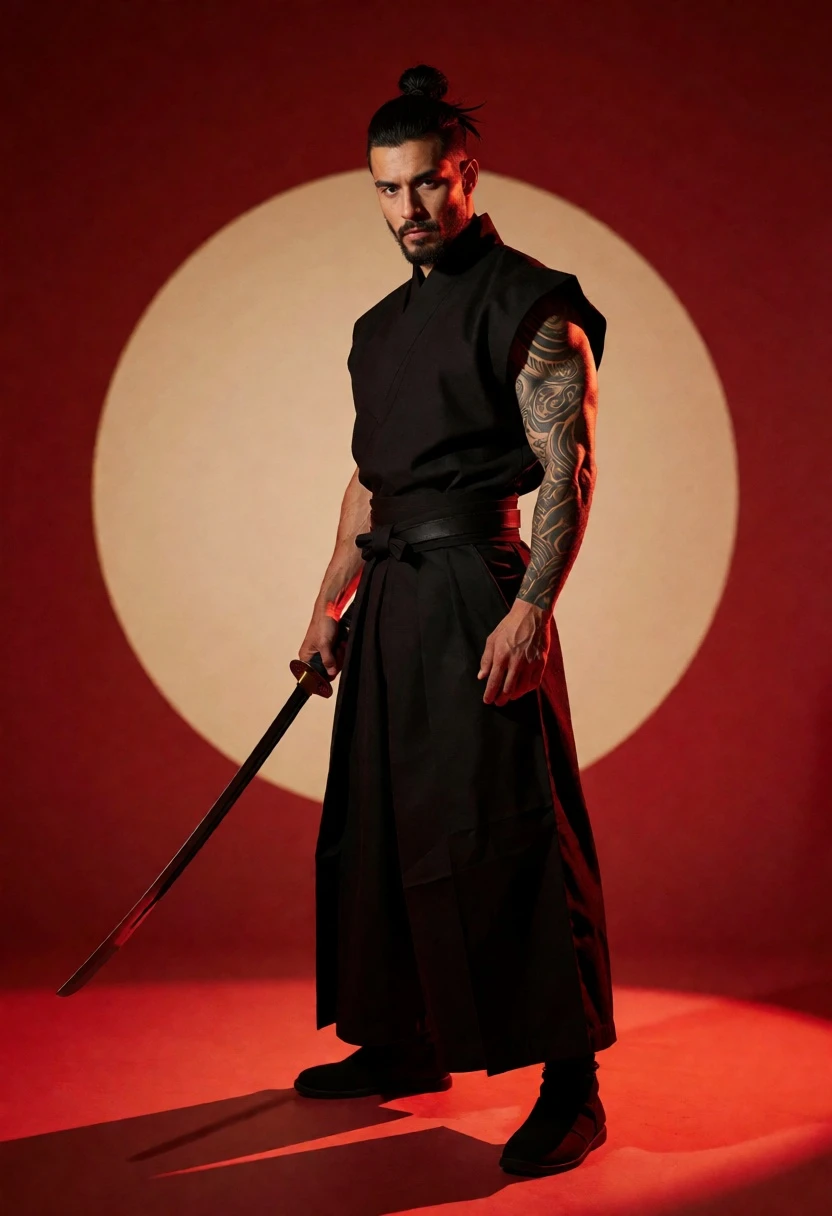 Full body portrait of samurai man in black attire holding katana against - AI generated image prompt sample