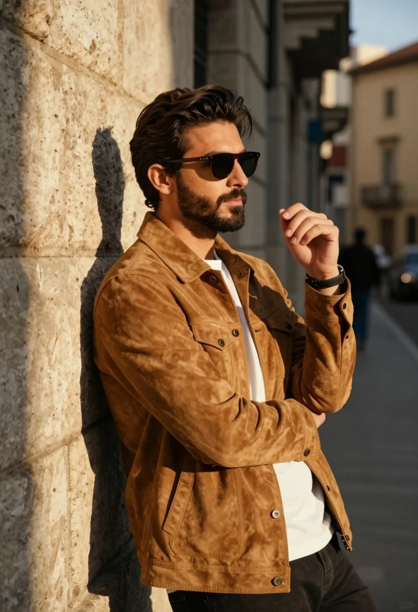 Handsome man in tan suede jacket leaning against stone wall in alleyway - AI generated image prompt sample
