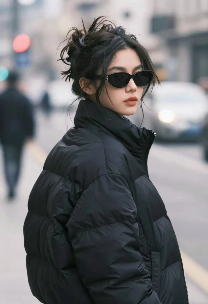Stylish woman in black puffer jacket looking over shoulder on urban street - AI generated image prompt sample