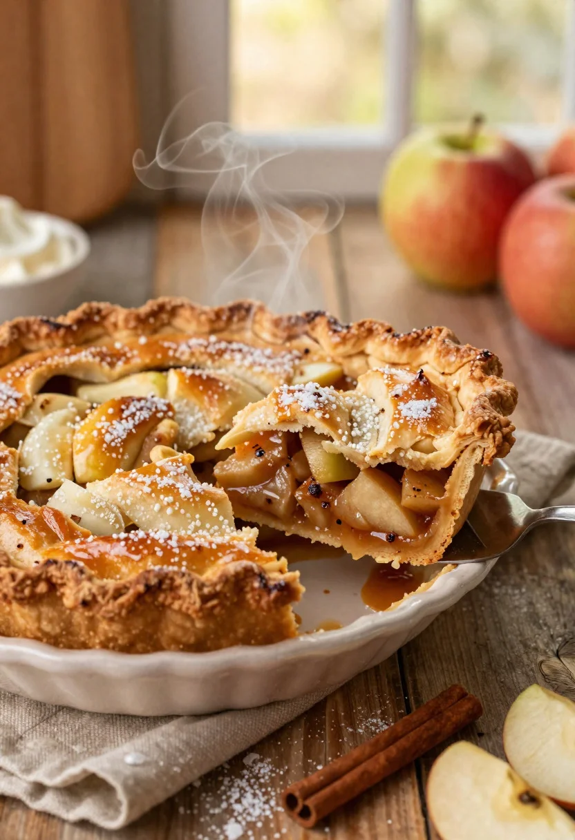 Close up of golden brown apple pie slice with steam on rustic