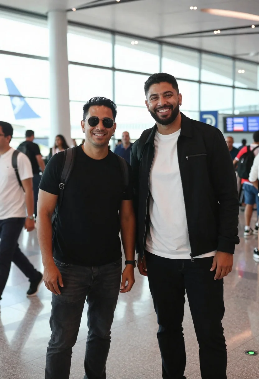 Two smiling men standing side by side in a busy airport terminal - AI generated image prompt sample