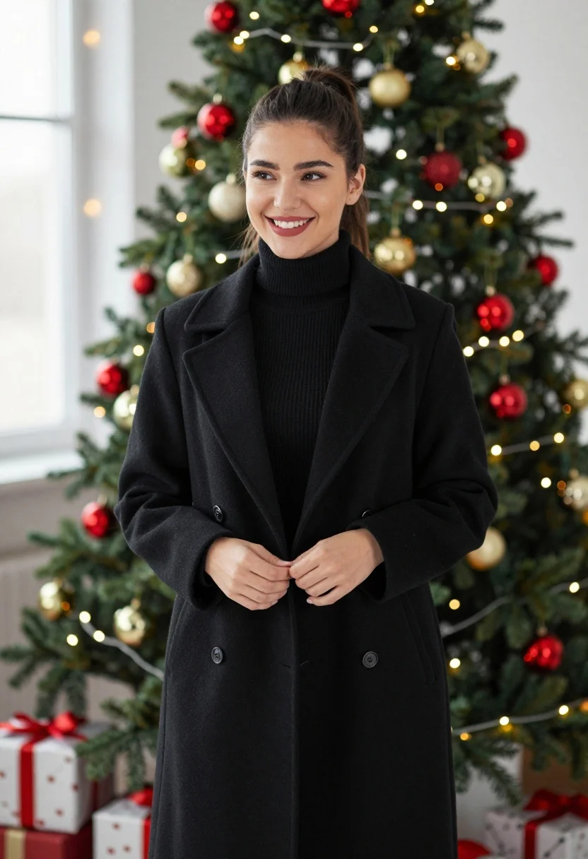 Smiling young woman in black coat near decorated christmas tree with gifts - AI generated image prompt sample