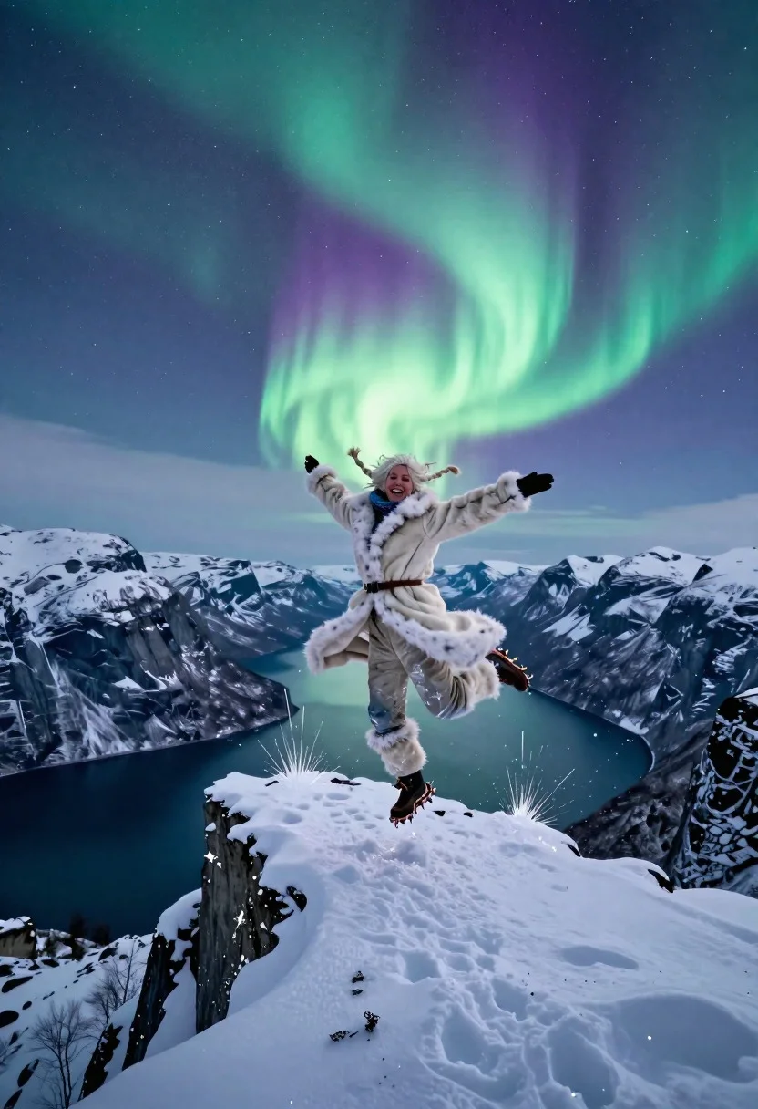 Explorer woman dancing near trolltunga cliff under northern lights