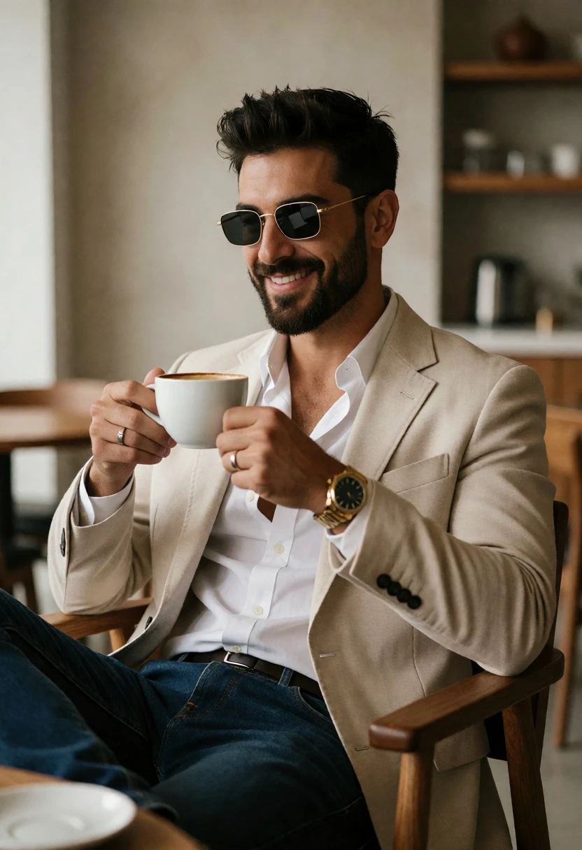 Handsome man in blazer sitting at cafe table with coffee cup - AI generated image prompt sample