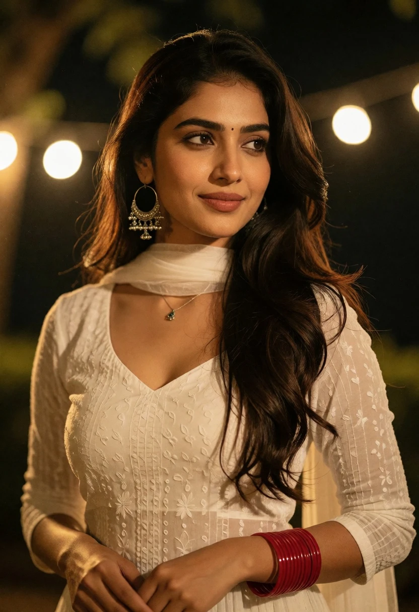 Medium closeup of woman in white top at night with bokeh lights - AI generated image prompt sample