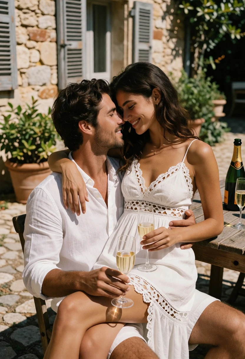 Romantic couple sharing an intimate moment on a sundrenched patio setting - AI generated image prompt sample