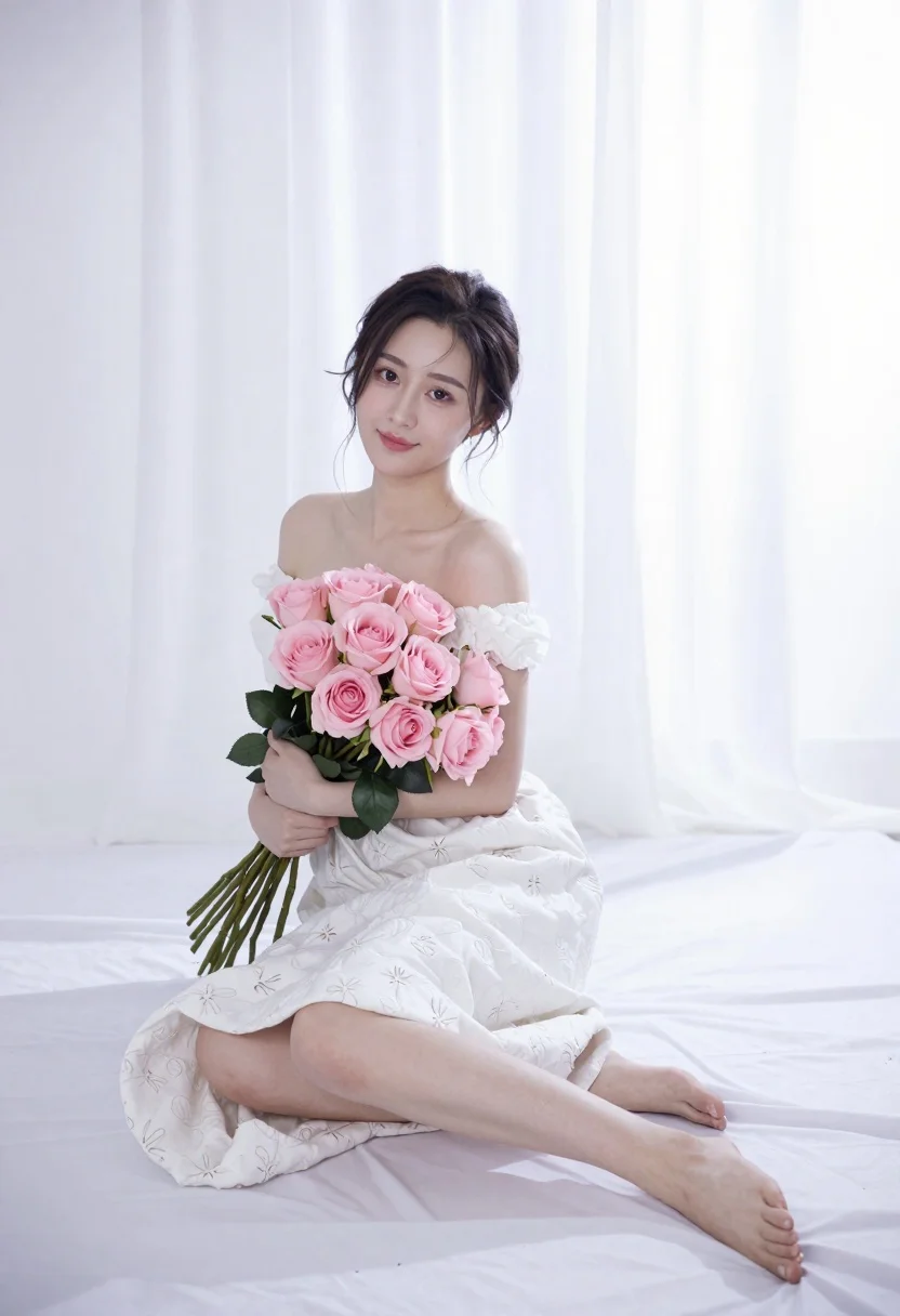Woman in white gown holding pink roses in a bright studio - AI generated image prompt sample