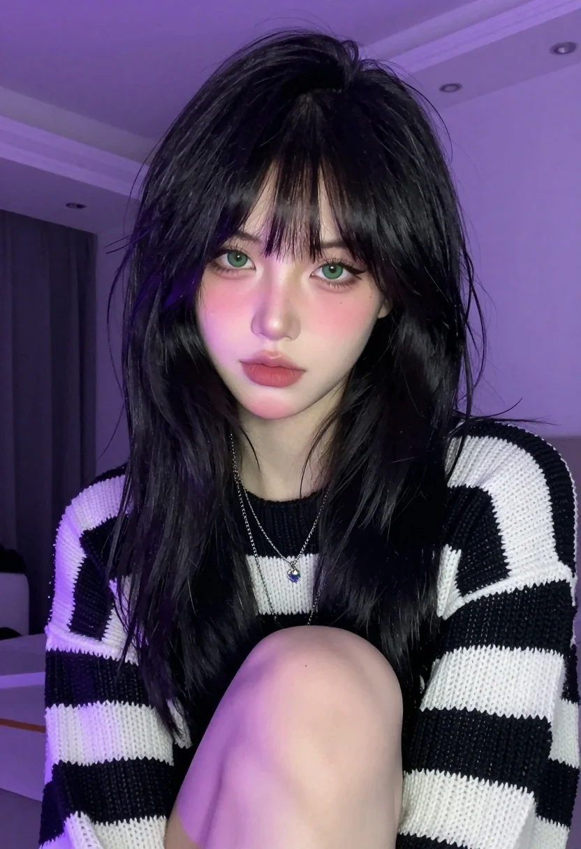 Close up portrait of young woman with black hair and green eyes - AI generated image prompt sample