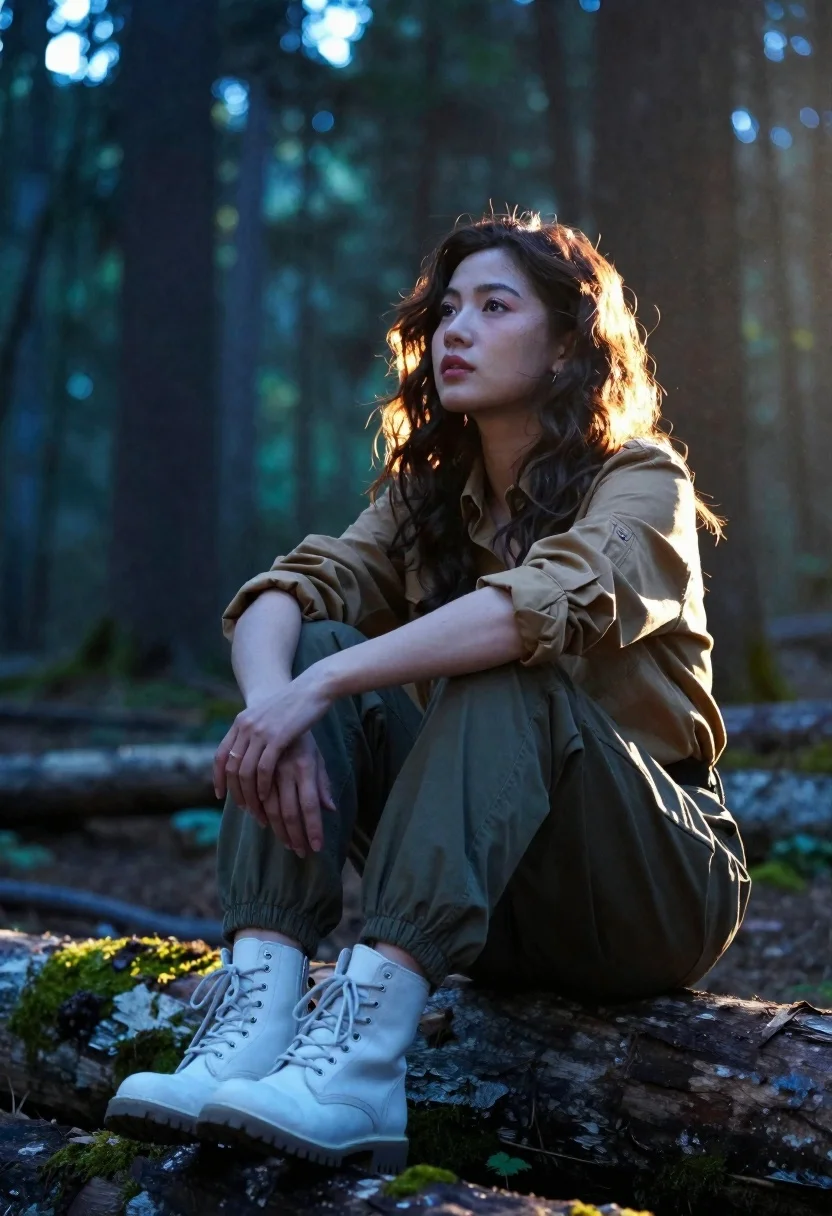 Woman sitting contemplatively on mossy log in sundappled forest - AI generated image prompt sample