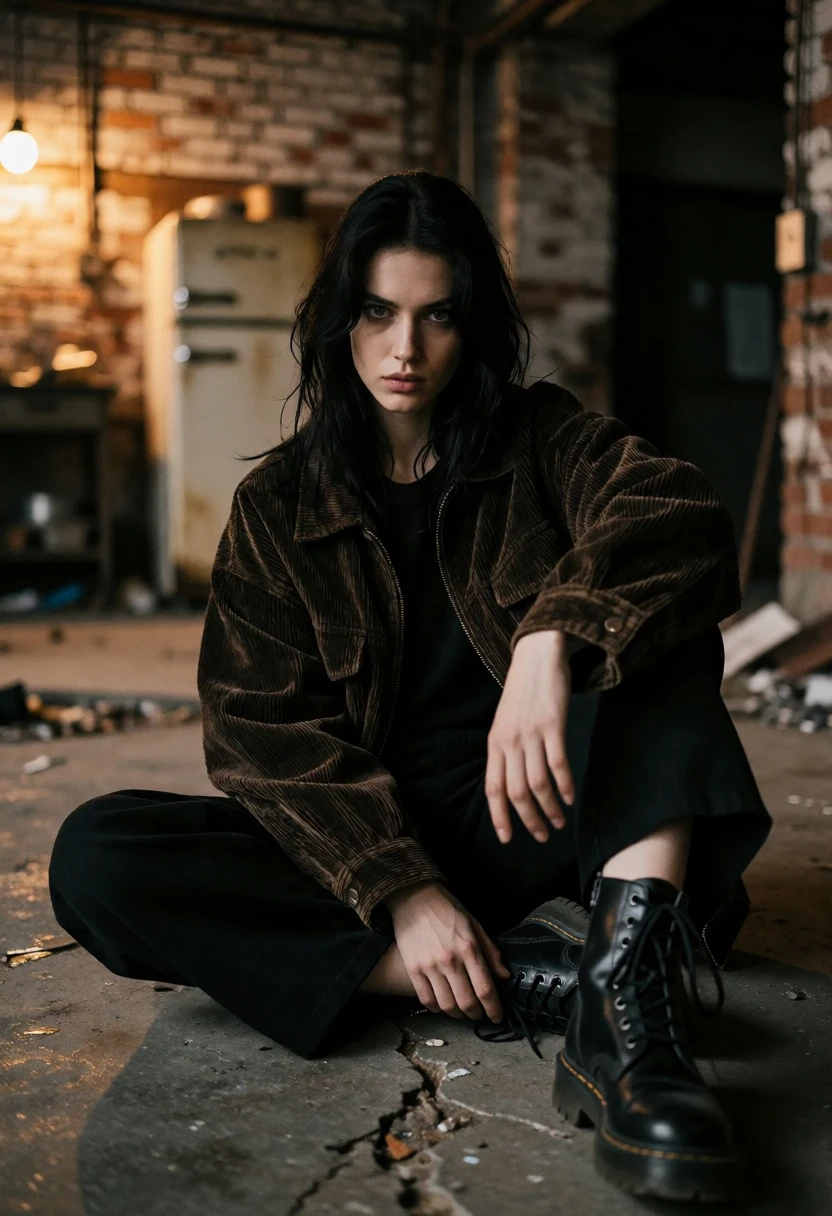 Woman in dark jacket sitting on cracked concrete floor in industrial space - AI generated image prompt sample