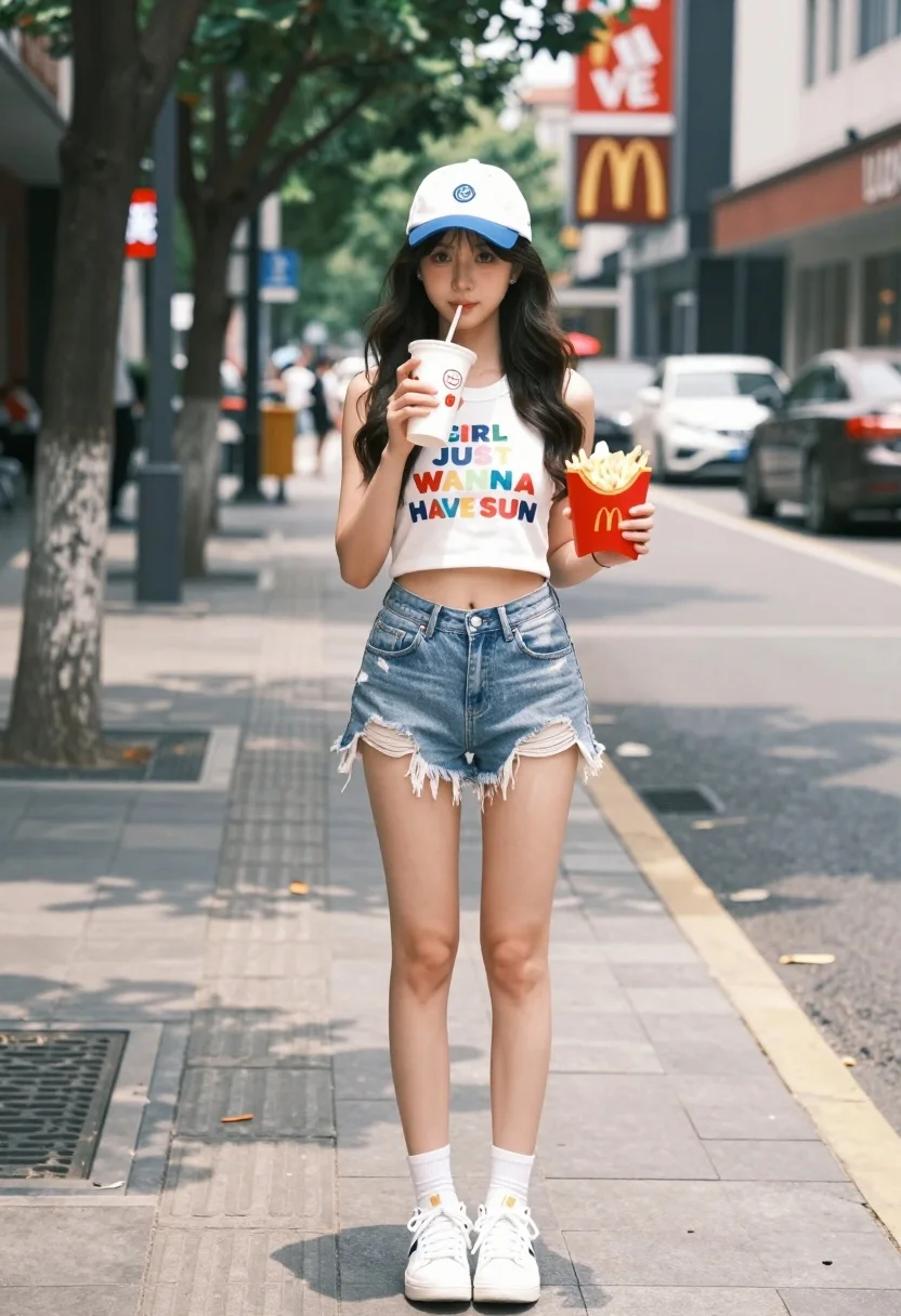 Young woman standing on city sidewalk holding drink and french fries - AI generated image prompt sample