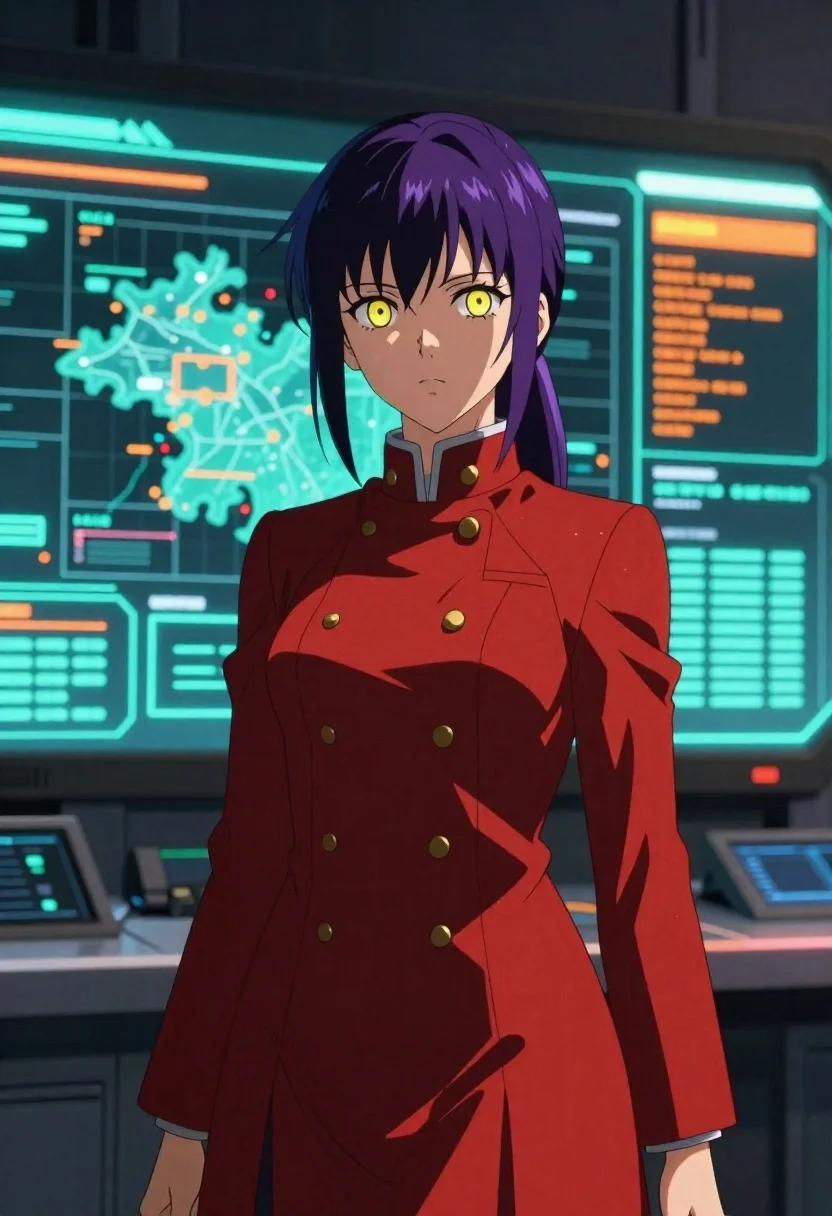 Anime woman in red uniform before futuristic command center