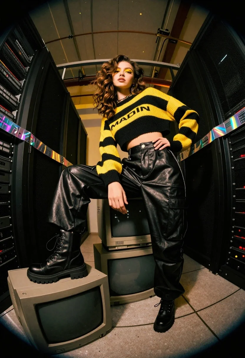 Young woman in striped sweater on stack of monitors in server room - AI generated image prompt sample