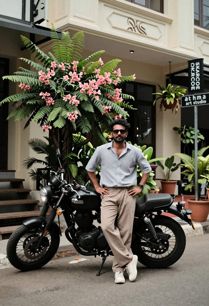 Man standing by black motorcycle on urban street with greenery backdrop - AI generated image prompt sample