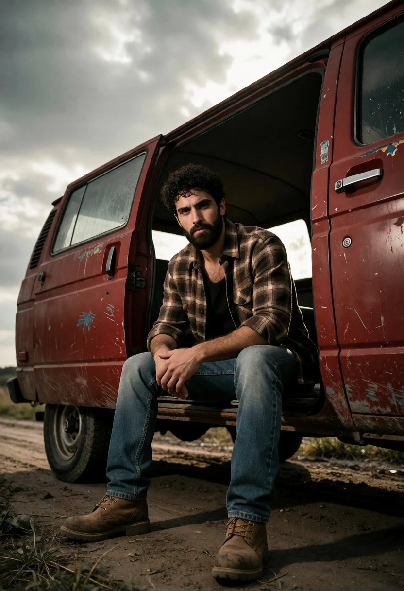 Young man sitting on open door sill of weathered red van outdoors - AI generated image prompt sample