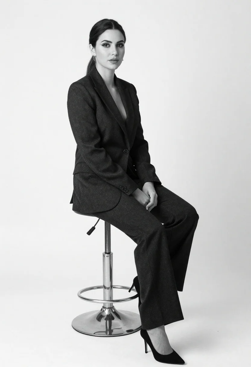 Black and white portrait of woman in tailored suit