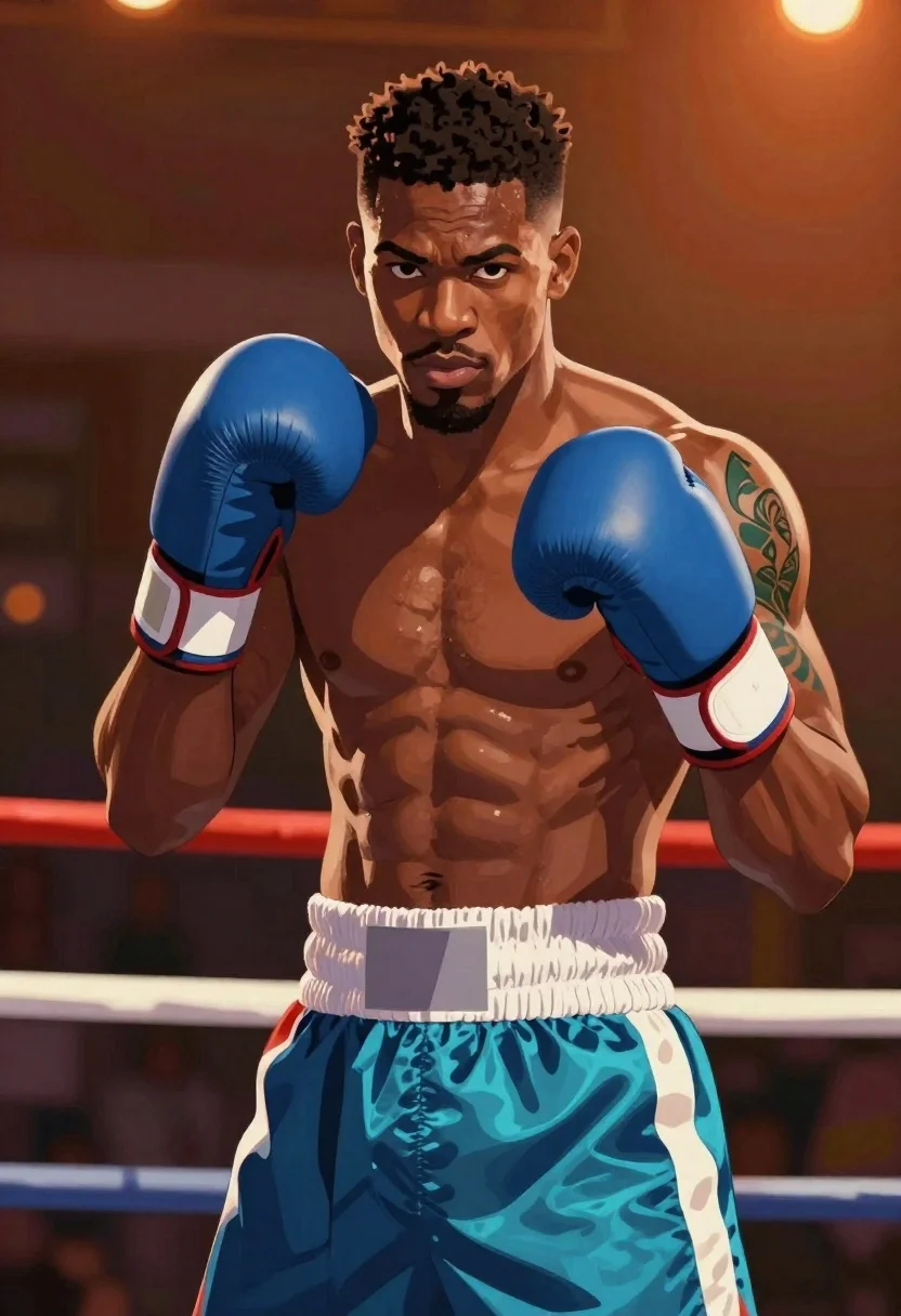 Muscular boxer in blue gloves inside an intense ring