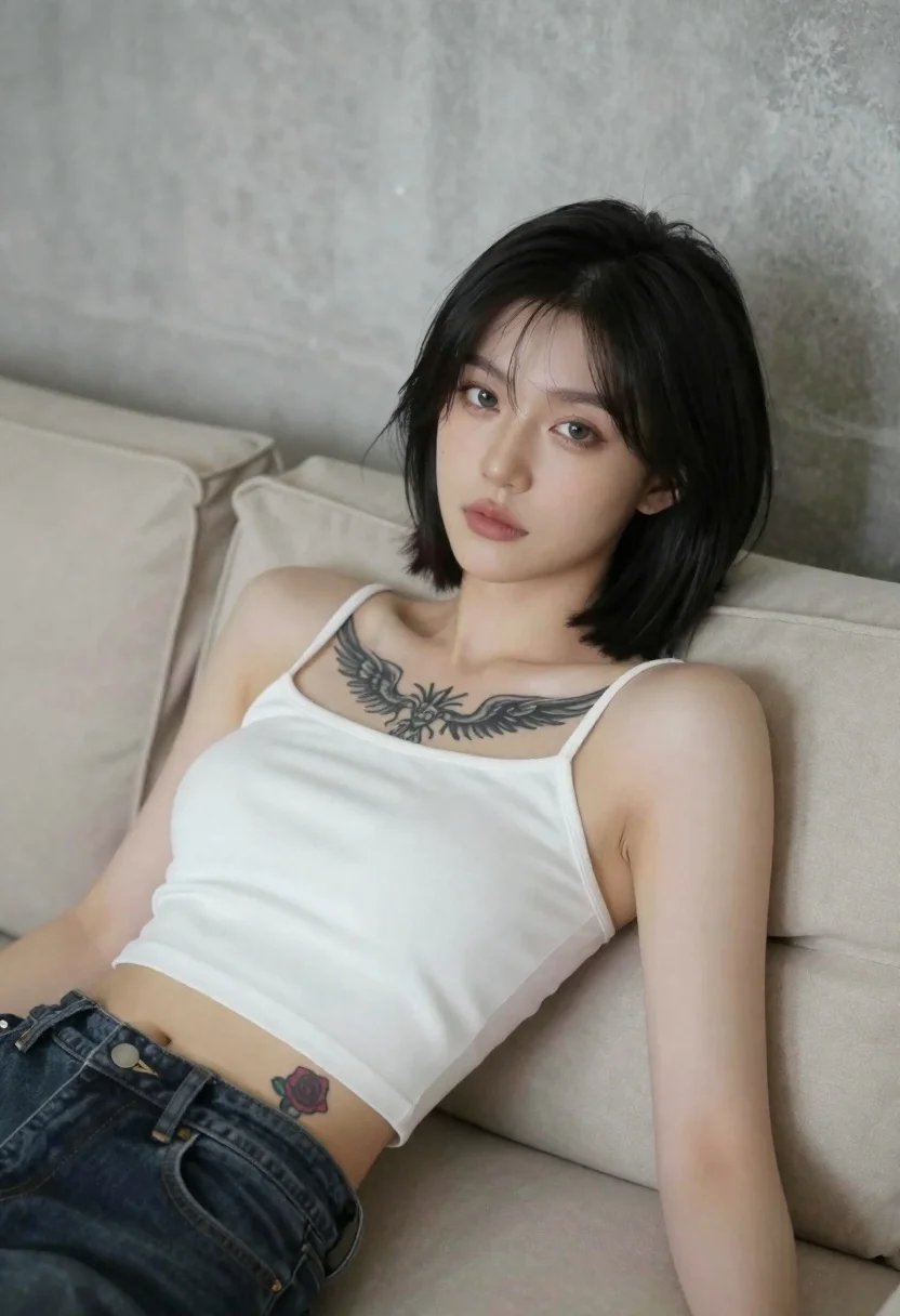 Young woman with short black hair reclining on a beige sofa - AI generated image prompt sample