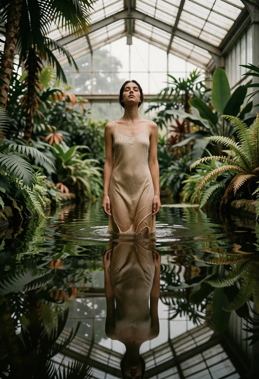 Woman in beige slip dress standing waist deep in tropical pond conservatory - AI generated image prompt sample