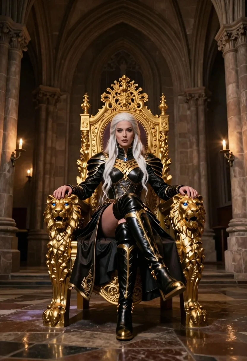 Queen in black armor on golden throne in cathedral - AI generated image prompt sample