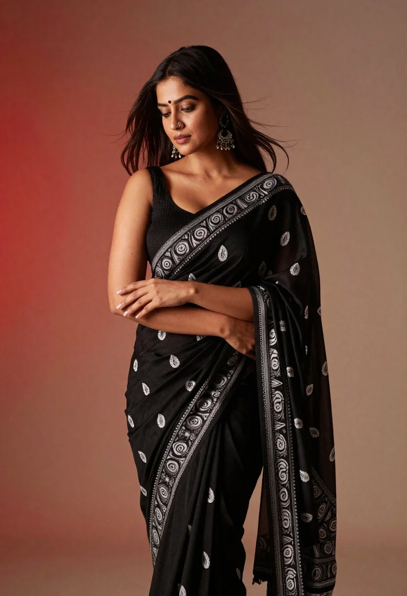 Woman in black saree with white patterns standing in warm gradient studio