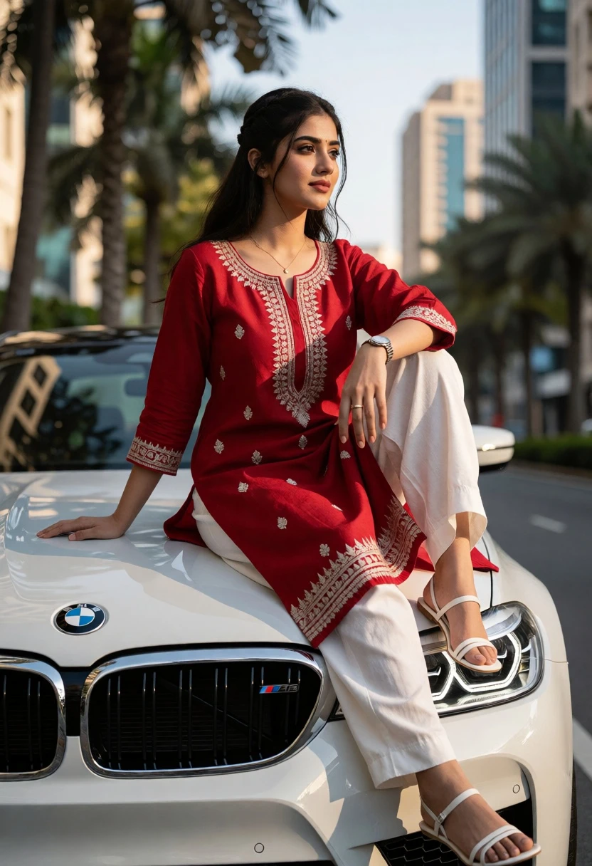Young woman in red kurta sitting on white bmw m5 hood street - AI generated image prompt sample