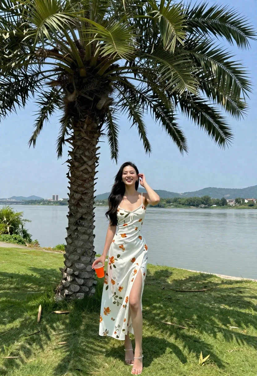 Smiling woman in white floral dress by riverbank with palm tree